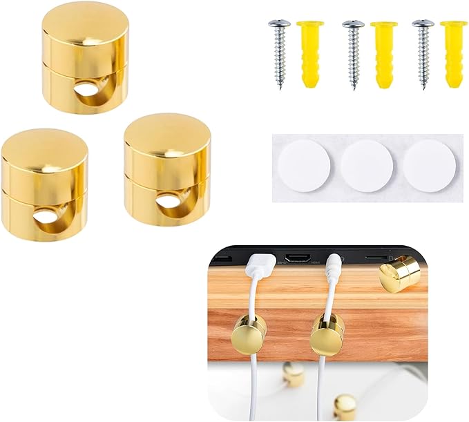 3 Sets Charger Cord Holder, Gold Metal Adhesive Cable Management Clips,Adjustable Cable Anchor Holders,Wire Organizer for Desk, Wall, Home, Office