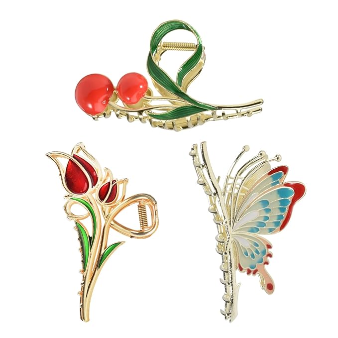 3-Piece Flower Metal Hair Clips, Tulip Floral Hair Claw for Thin/Medium Thick Hair, Elegant Butterfly Barrettes Strong Hold Clamps Non-Slip Cute Cherry Claws Accessories