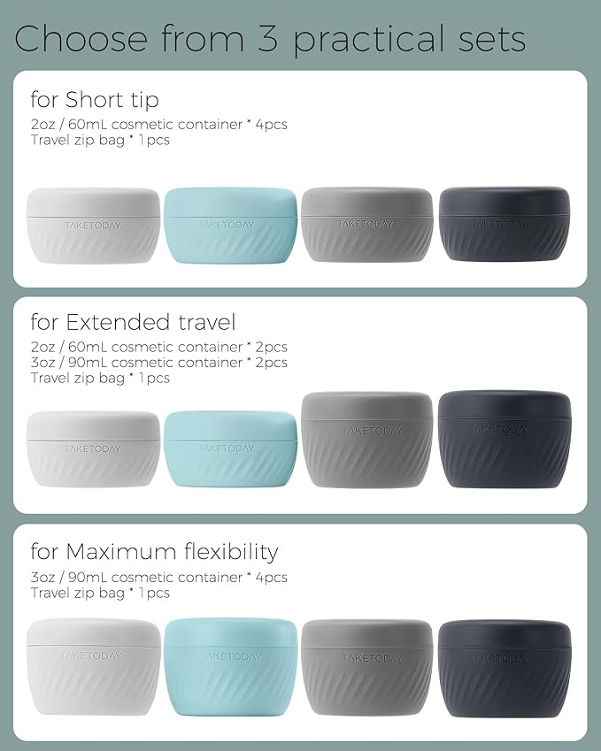 TakeToday Travel Containers for Toiletries, Leak-proof, TSA Approved, Refillable Silicone Cream Jars with Lid Travel Size Essential for Cosmetic toiletry Cream, 2&3oz, 4 Pack (Grey)