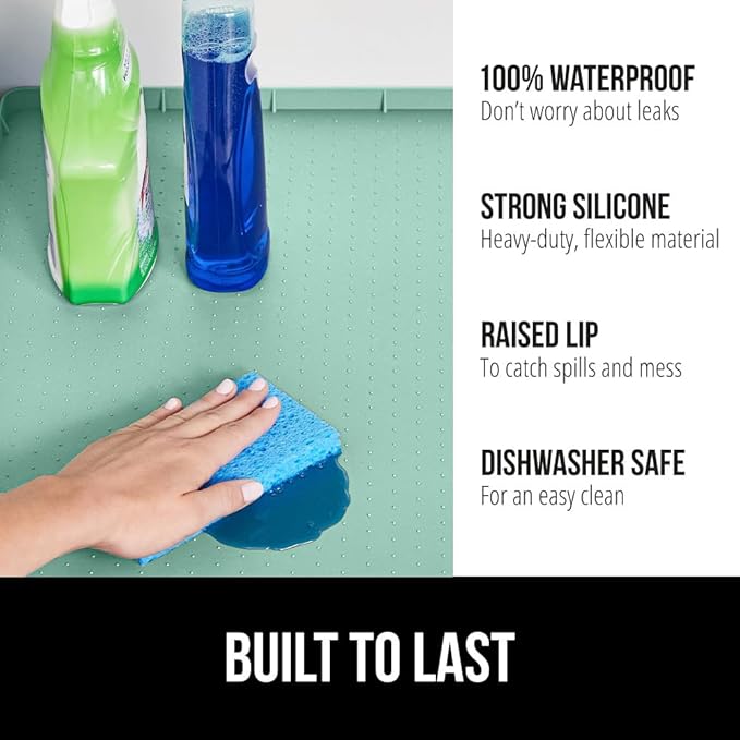 GORILLA GRIP Waterproof Silicone Under Sink Mat with Raised Lip for Kitchen and Bathroom, 31 x 22 in, Cabinet Shelf Liner Stay in Place Mats Dishwasher Safe Drawer Liner, Organizer Tray, Mint