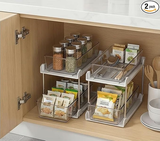 2 Pack Bathroom Organizers and Storage,2-Tier Clear Under Sink and Pull-Out Cabinet Organizer with Track for Kitchen, Pantry,Vanity Countertop,Medicine Cabinet,Closet Drawer Bins (White)