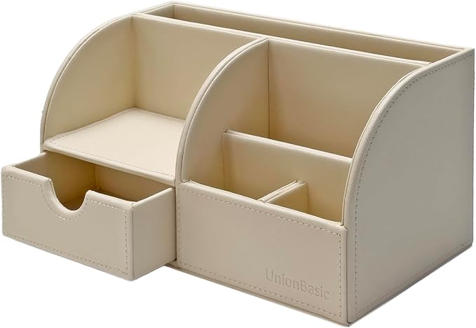 UnionBasic Desk Organizer - Multifunctional Leather Desktop Pen Holder Storage Box - Business Card/Pen/Pencil/Mobile Phone/Stationery Holder, Beige Revised