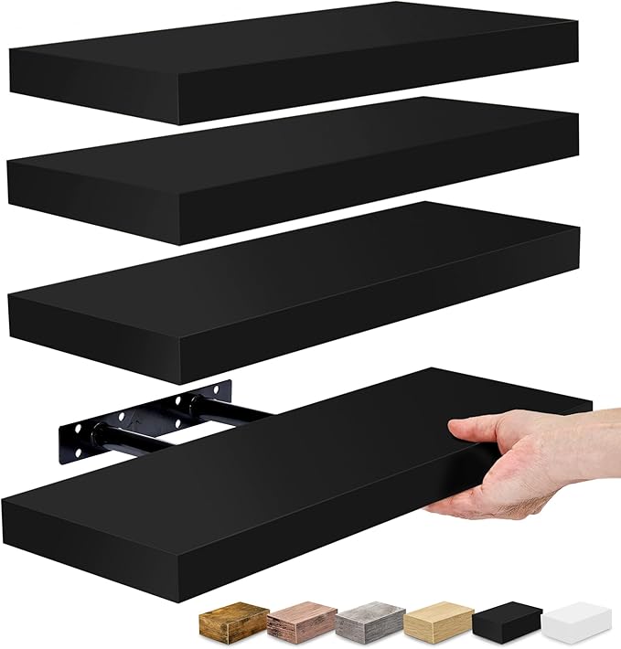 Sorbus Floating Shelves for Wall, 16" Black Bathroom Shelves Mounted for Kitchen, Bedroom, Living Room, Storage, Over Toilet, Hanging Book Shelf Home Decor (4 Pack)