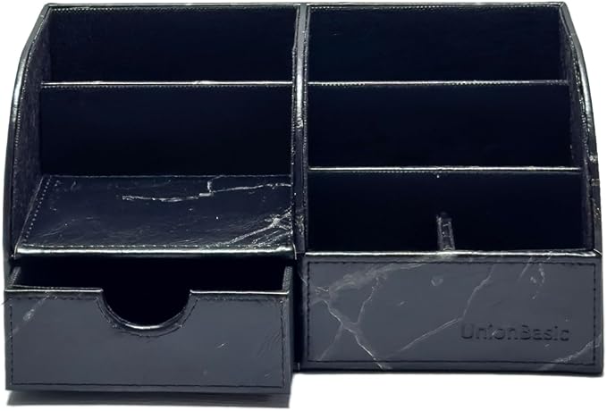 UnionBasic Desk Organizer - Multifunctional Leather Desktop Pen Holder Storage Box - Business Card/Pen/Pencil/Mobile Phone/Stationery Holder, Marble Black
