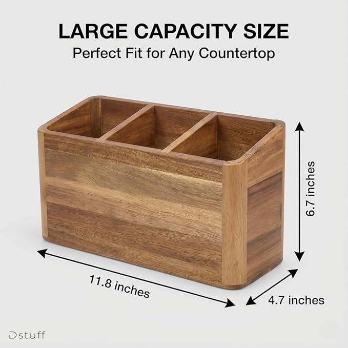 Dstuff Large Kitchen Utensil Holder Organizer for Counter or Countertop, Large Wooden Utensil Holder for Storage Cooking and Silverware with 3 Compartment, Acacia Rustic Wood Container Extra Large