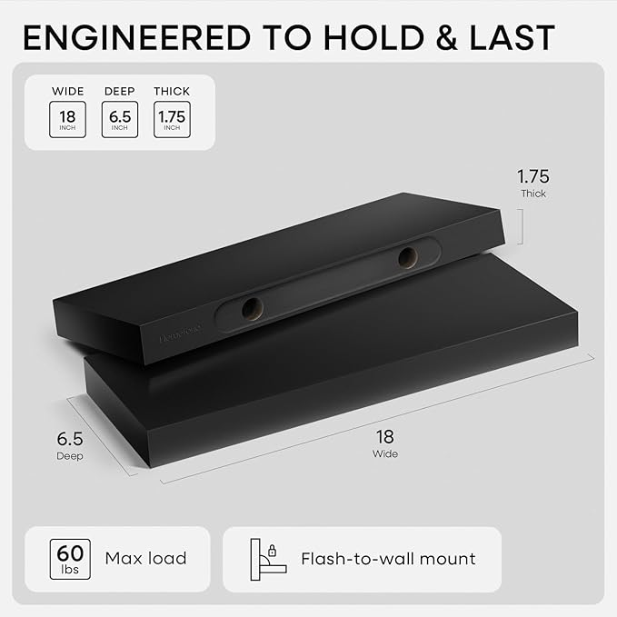 Homeforia Black Floating Shelf 18 inch, High-End Solid Real Wood 18-inch Bathroom Floating Shelves for Wall Mounted, Black Wooden 18-inch Floating Shelves, Heavy Duty Bracket, 18 X 6.5 X 1.75 in, Set of 3
