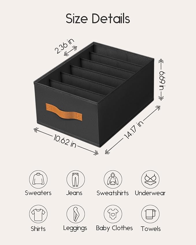Closet Organizers and Storage - Fabric Clothes Organizer with Handles, Foldable Jeans Organizer for Clothes, Drawer Organizer for Shirts, Bra, Sweater, Scarf, 4 Pack, Black