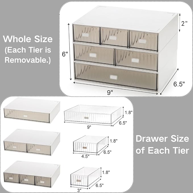 Hacaroa 3 Tier Mini Desk Organizer with 6 Drawers, Plastic Desktop Drawers Storage Box, Stackable Makeup Organizer Craft Storage Case for Office, School, Bathroom, Detachable Design, White