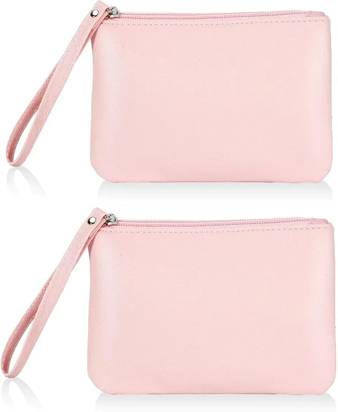 2 Pack Small Zipper Pouch Mini Makeup Bag for Purse Lipstick Cosmetic Travel Make Up Organizer for Women Essentials, Car Change Coin Holder 4.5 x 6.5 Clutch Stadium Approved Wristlet, Pink