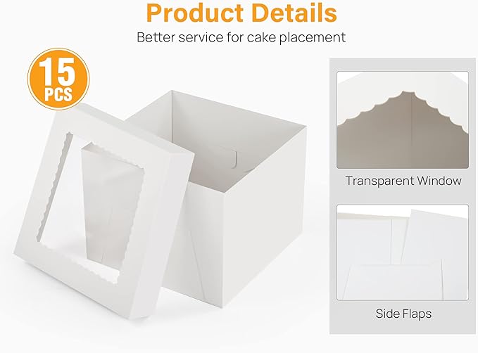 Kootek 15pcs Cake Boxes, 10x10x8 Inches Tall Cake Box with Window, White Bakery Boxes, Large Baking Boxes, Square Cardboard Cake Box for Multi-Layer Cakes, Cake Decorating Supplies for Gift Giving