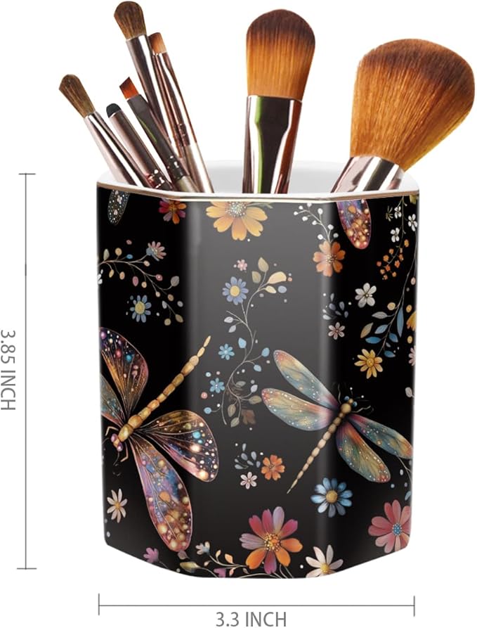 WAVEYU Pen Holder, Pencil Cup for Desk, Cute Desk Organizer, Durable Ceramic Decorative Makeup Brush Desktop Accessories, Stylish Stationery for Office, Home, Cute Dragonfly Pattern