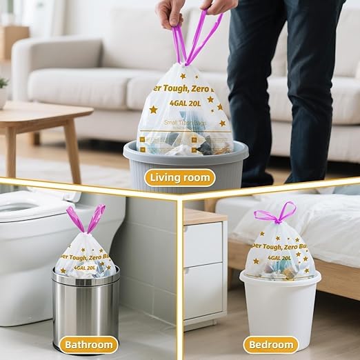 OKKEAI 4 Gallon Small Trash Bag Drawstring. 60 Count White Heavy Duty Trash Bags Tear & Leak-Proof Wastebasket Liners with Safety Warning for Bathroom, Kitchen, Bedroom, Office