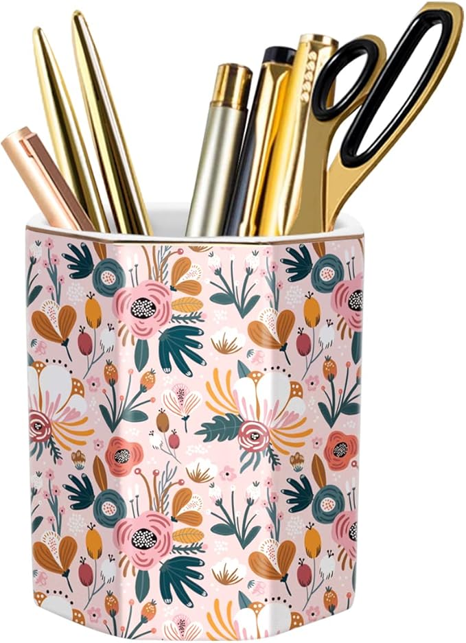 WAVEYU Large Capacity Colored Ceramic Floral Pencil Storage Marker Pen Holder, Cute Home Decor for Christmas, Holiday, Makeup Brush Holder for Girl Women Adult Teen Gift, Pink Flower