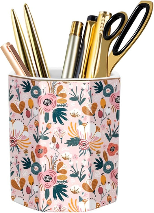 WAVEYU Large Capacity Colored Ceramic Floral Pencil Storage Marker Pen Holder, Cute Home Decor for Christmas, Holiday, Makeup Brush Holder for Girl Women Adult Teen Gift, Pink Flower