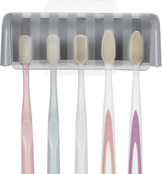 LUEXBOX 5 Slots Wall Mount Toothbrush Holder with Cover, Self Adhesive Toothbrush Storage Organizer for Shower, Toothbrush Hanger for Bathroom, Medicine Cabinet, Dorm (Grey)