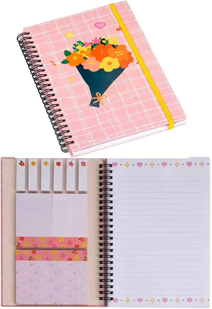 A5 Spiral Sticky Notebook,with 9 pads of decorated sticky notes and a handy notebook,Note Pads Teacher Appreciation Gift Writing Memo Pads School Office Supplies and Daily Life Organization (Bouquet)