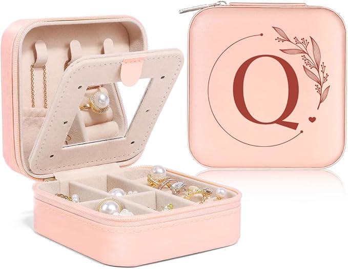 SANDJEST Personalized Jewelry Box, Pink Small Travel Jewelry Box with Initial Q, Monogrammed Jewelry Case Organizer for Girls Women Teen, Mini Travel Essentials Gifts for Christmas Birthday