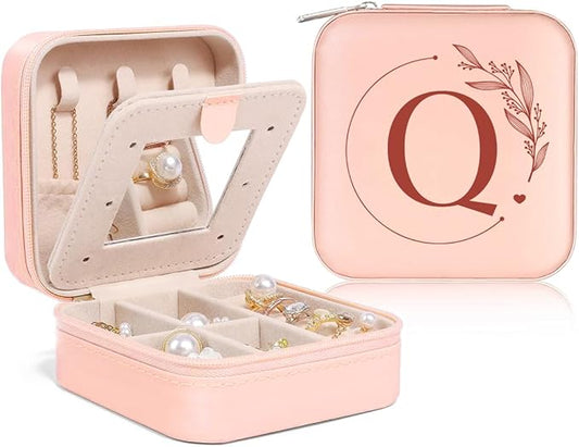 SANDJEST Personalized Jewelry Box, Pink Small Travel Jewelry Box with Initial Q, Monogrammed Jewelry Case Organizer for Girls Women Teen, Mini Travel Essentials Gifts for Christmas Birthday
