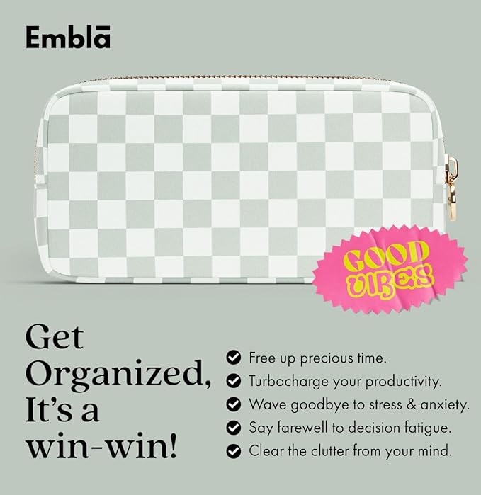 Embla Makeup Bag Travel Cosmetics Pouch and Toiletry Bag, Nylon Zipper Pouch Purse, Cute Make Up Organizer Storage Tote for Women Girls,Travel Skincare Case, Small Makeup Case, Mint Green Checkered