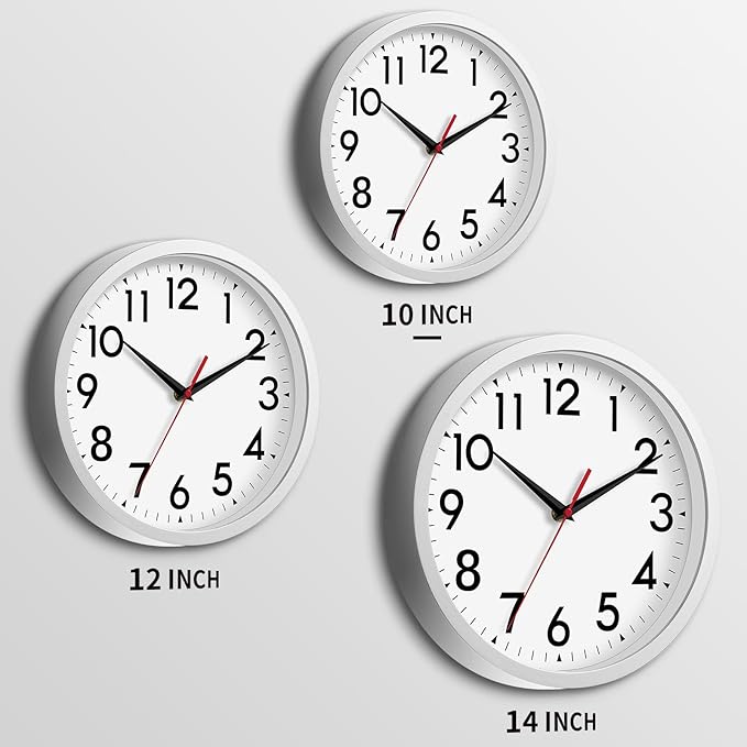 Wall Clock Modern Battery Operated 10 Inch Simple Silent Non-Ticking Decorative for Kitchen Office Outdoor Bedroom Living Room School Classroom (Silver)
