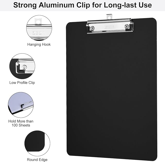 ZCZN Metal Clipboards, 2 Pack Heavy Duty Aluminum Clipboards 12 x 9 Inches, A4 Letter Sizer Document Holder with Low Profile Clip, Suitable for School, Office, Jobsite or Medical Staff, Black