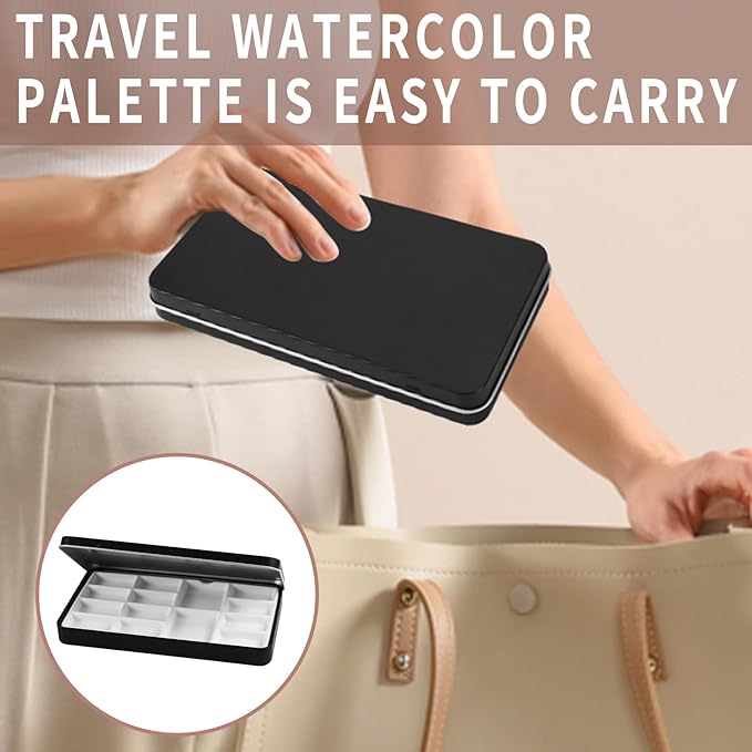 Travel Watercolor Palette,Portable Ceramic Palette with 14 Well,Metal Paint Box with Porcelain Palette(Blak Box)