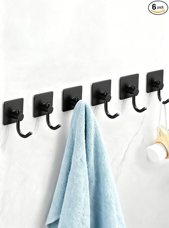 Sticky Hooks for Hanging, 6-Pack Adhesive Wall Hooks No Drilling Stainless Steel Towel Hook for Walls No Damage, Self Adhesive Hook for Bathroom Kitchen Office, Black