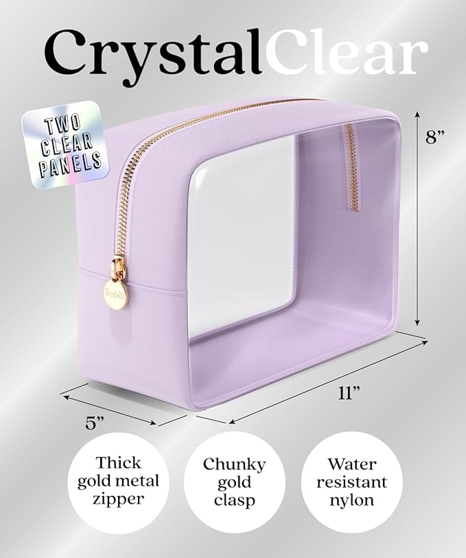 Clear Makeup Bag Zipper Pouch, Transparent Cosmetic Case Organizer, TSA Approved Travel Toiletry Case, Travel Accessories Essentials Makeup Tote for Women, Large Cute Make up Bag for Purse - Lilac