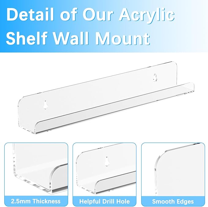 6 Pack Vinyl Record Shelf Wall Mount, 12 inch Record Holder for Storage & Display, Clear Floating Shelf for Kids Bookshelf, Magazine Rack, Picture Ledge