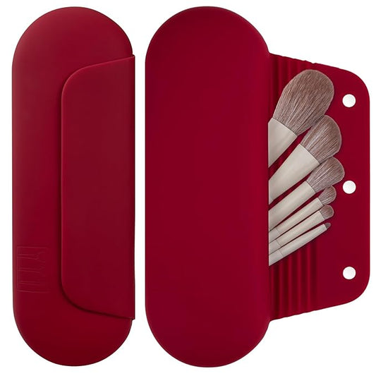 AGIKET Silicone Makeup Brush Holder Travel Cosmetic Bag：Soft Portable Cosmetic Face Brushes Holder with Upgrade Anti-Fall Out Magnetic Closure, Large Travel Makeup Brush Case - Red
