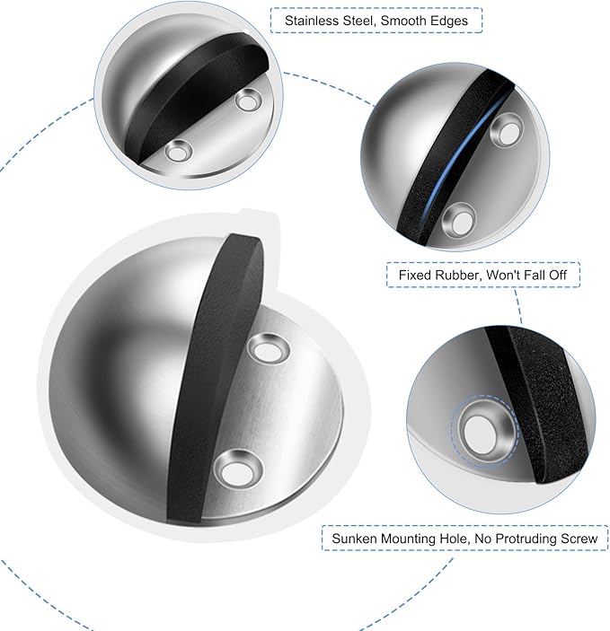 10 Pack Door Stoppers Self Adhesive Stainless Steel Floor Door Stop No Drill with Rubber Bumper Wall Protector, Brushed Silver