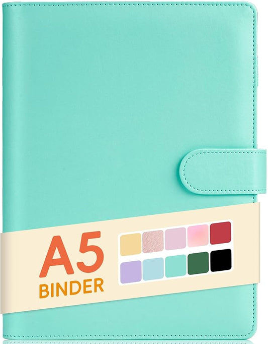 Sooez A5 Notebook Photocard Binder, 6 Ring Planner, Stylish Loose Leaf Personal Organizer Cover with Magnetic Buckle, PU Leather Binder Women with Macaron Colors (Mint Green)