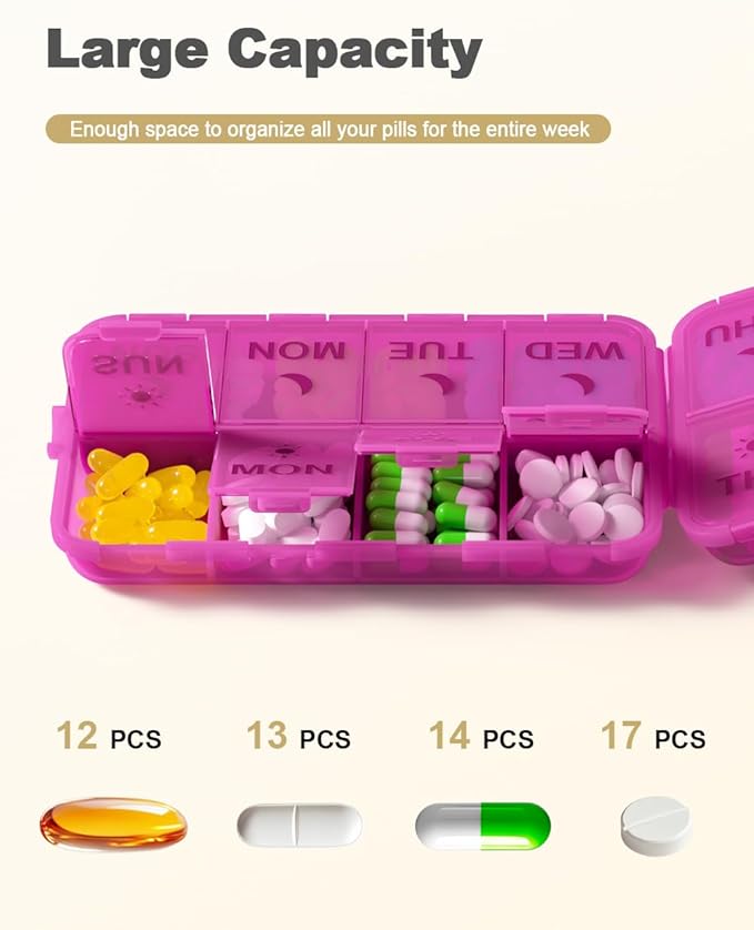 Pill Organizer Medicine Organizer Travel Essentials - Weekly Medicine Dispenser with Etched Labels, 7 Day AM PM Dispenser, Travel Pill Box, Foldable Medicine Case
