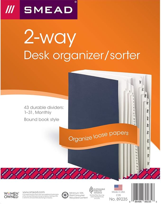Smead Desk File/Sorter, Daily (1-31) and Monthly (Jan-Dec), 43 Dividers, Letter Size, Dark Blue (89235)