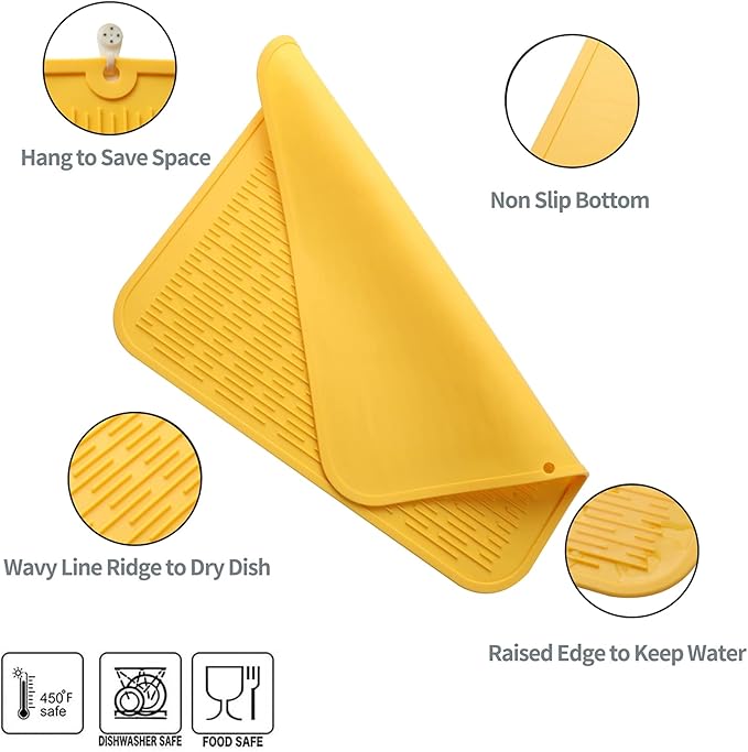 MicoYang Silicone Dish Drying Mat for Multiple Usage,Easy clean,Eco-friendly,Heat-resistant Silicone Mat for Kitchen Counter or Sink,Refrigerator or Drawer Liner Yellow XL 18 inches x 16 inches