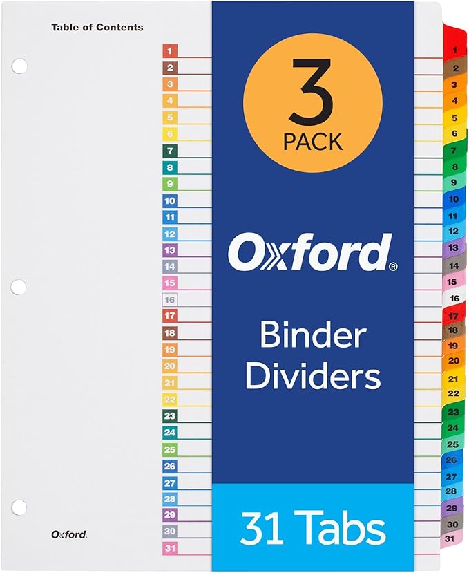 Oxford Binder Dividers, 31 Tabs, Numbered 1–31, 3 Pack, Customizable Table of Contents Page, Reversible Multicolor Tabs, 3-Hole Punched for Binders