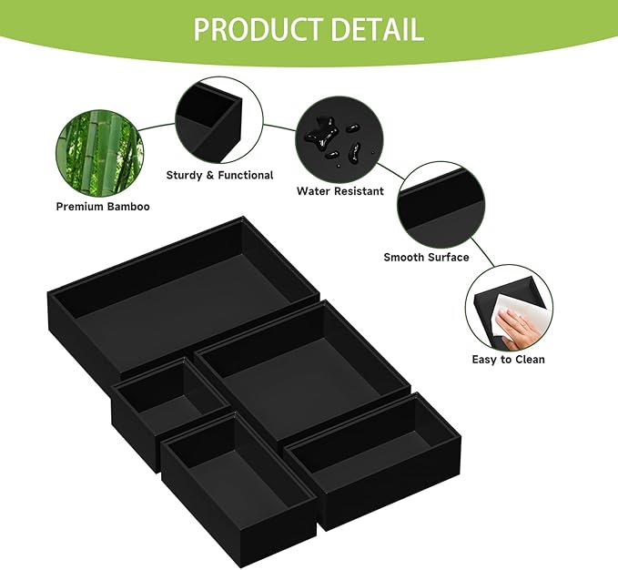 Greatseas Bamboo Drawer Organizer Set, 5 PCS Multi-use Varied Sizes Junk Drawer Organizer Kitchen Storage Box for Office, Home, Bedroom, Bathroom, Black