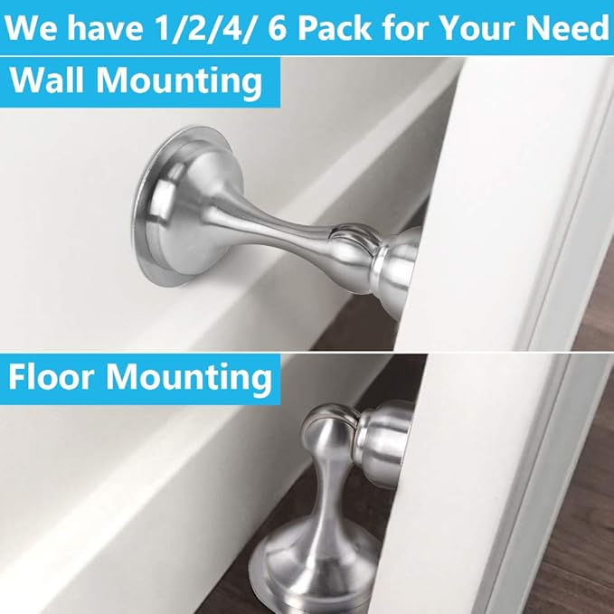 WINONLY Door Stopper, Magnetic Door Stop, Stainless Steel, Magnetic Door Catch, 3M Double-Sided Adhesive Tape, No Drilling, Screws for Stronger Mount, Hold Your Door Open, for Wide Doors (6)
