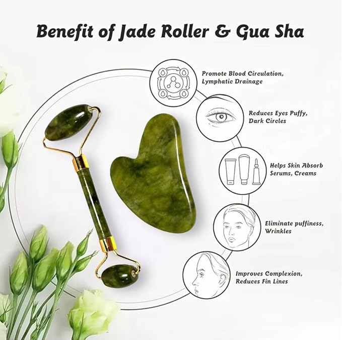 Gua Sha Facial Tool and Jade Roller Set –Anti-Aging Tools for Lymphatic Drainage, Puffiness, Wrinkles, and Relaxation – Skincare Tool for Face and Neck (Dark Green)