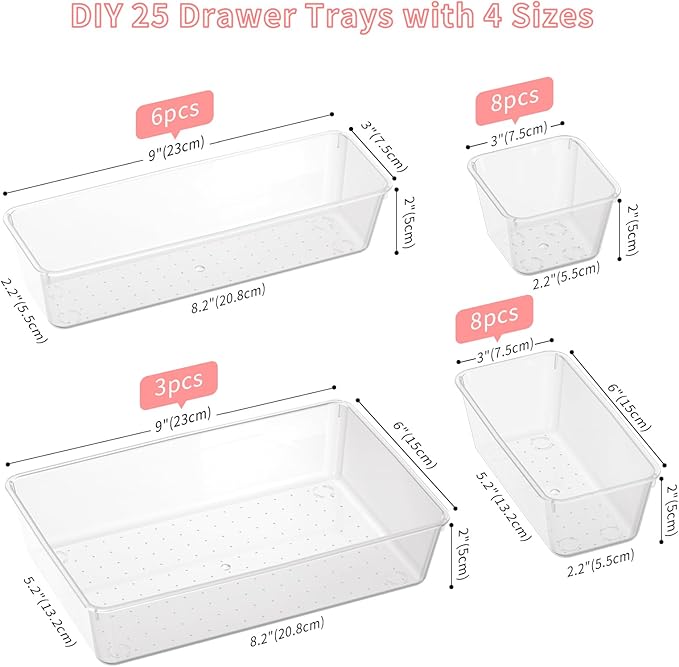 25 PCS Plastic Drawer Organizer Set, 4-Size Clear Bathroom and Vanity Desk Drawer Organizer Trays, Non-Slip Versatile Storage Bins for Makeup Jewelry Office Kitchen Gadgets