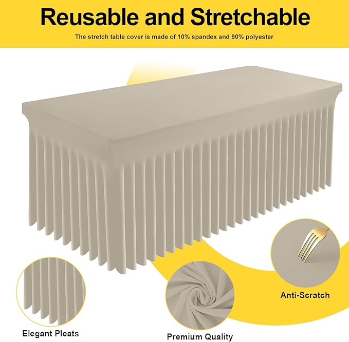 Smiry Spandex Tablecloth 2 Pack, Elastic Fitted Stretch Tablecloth for 8FT Rectangle Tables, Waterproof Washable Table Cover Skirt for Outdoor, Wedding, Banquet & Parties (Taupe, 96Lx30Wx30H Inch)