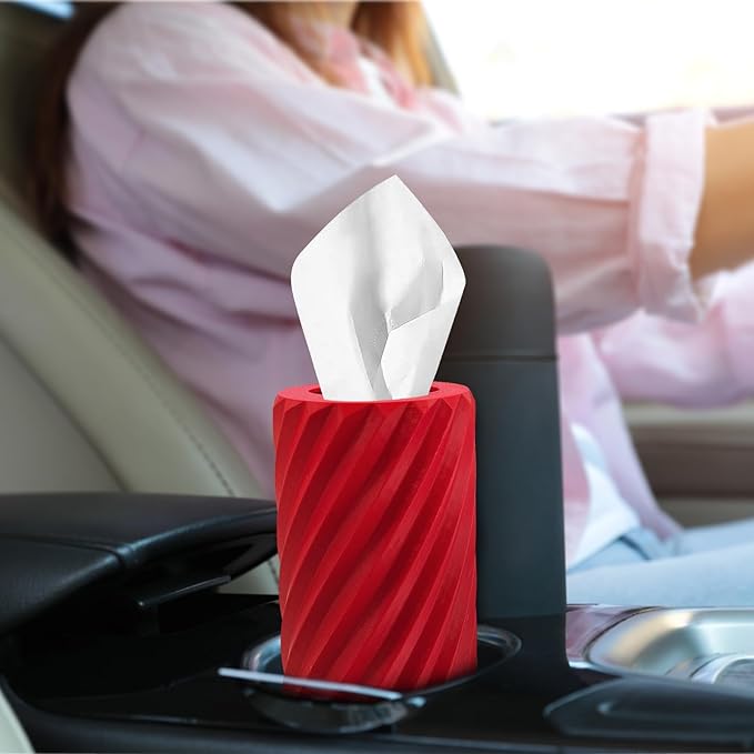 Car Tissue Holder, Refillable Round Cylinder with 3 Tissue Packs, Universal Fit for Vehicle Cup Holder, Home & Office, Car Accessories Interior (Red)
