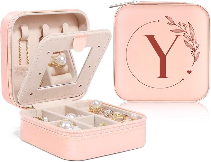 SANDJEST Personalized Jewelry Box, Pink Small Travel Jewelry Box with Initial Y, Monogrammed Jewelry Case Organizer for Girls Women Teen, Mini Travel Essentials Gifts for Christmas Birthday
