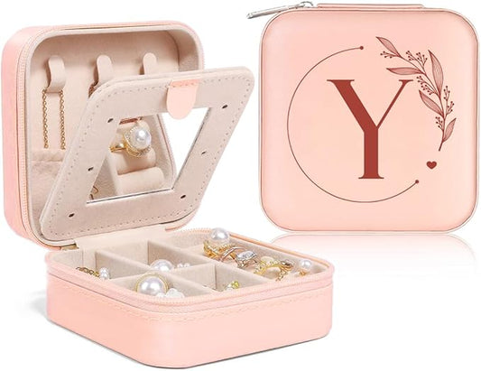 SANDJEST Personalized Jewelry Box, Pink Small Travel Jewelry Box with Initial Y, Monogrammed Jewelry Case Organizer for Girls Women Teen, Mini Travel Essentials Gifts for Christmas Birthday