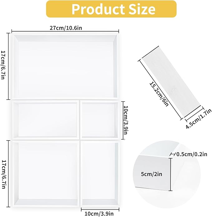 Bamboo Drawer Organizer with 2 Dividers, 5PCS Adjustable Junk Desk Organizer Trays with 7 Grid , Wood Stackable Storage Boxes Bins for Kitchen Flatware, Office Desktop, Bathroom Makeup, Jewelry