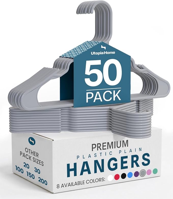 Utopia Home - Plastic Hangers 50 Pack - Space Saving Clothes Hanger - Durable and Strong Closet Organizers and Storage Makes It Ideal Stocking Stuffers or Apartment or Dorm Room Essentials (Grey)