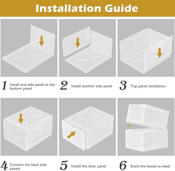 Thick & Sturdy Clear Shoe Boxes with Magnetic Front Door, Stackable Plastic Sneaker Storage Organizer for Closet, Space-Saving Foldable Shoe Containers for Boots & Heels, Durable Shoe Cabinet, 6 Pack