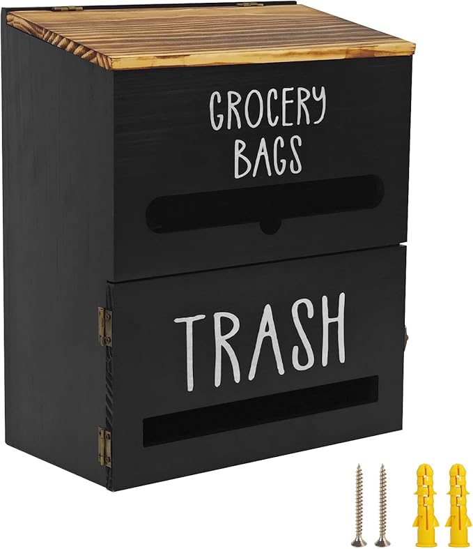 2-in-1 Trash Bag Dispenser, Double Wall-Mounted, Wood Trash Bag Holder, for kitchen, garage, laundry room, can store eco-friendly food bags and trash bags (Black)