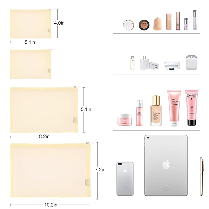 EASYFUN Mesh Pouch, Makeup Bag with Zipper Cosmetic Organizer Pouch for Daily or Travel to Keep Small Items, 4 PCS Champagne