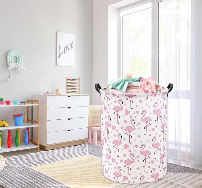 HIYAGON Pink Flamingo Baby Laundry Basket Baby Hamper for Nursery Girl Kids Pink Hamper Cute Kids Toys Storage Bin Organizer Flamingo Room Decor for Home(Heart Flamingo)